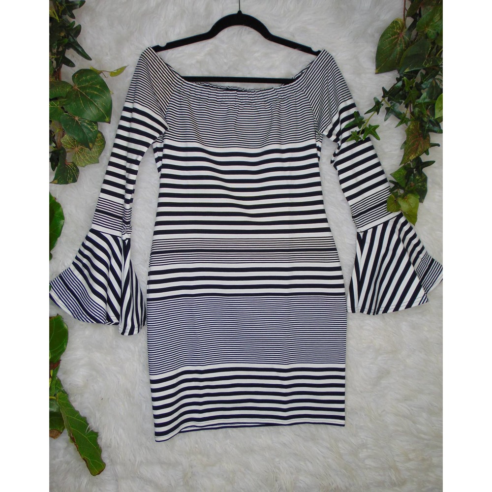 Sugar Lips | Women Dress Stripes Navy White Bell Sleeves Size Large NWT
